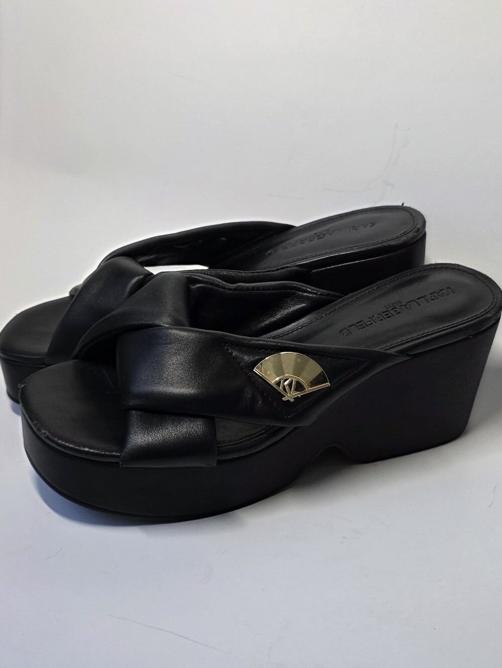 Karl Lagerfeld Black Platform Slide Wedges with Gold Fan Detail